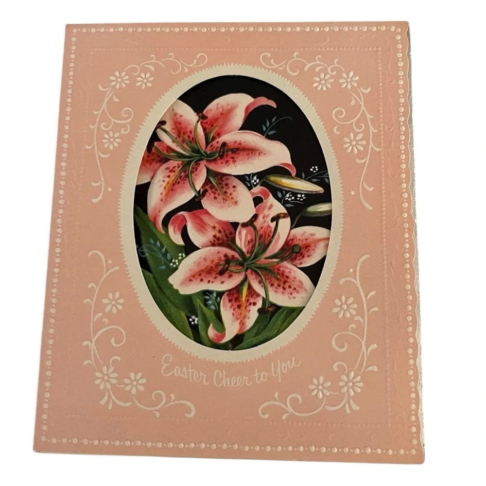 Unused Vintage Easter Greeting Card Pink Lilies Raised Cutout Floral Religious